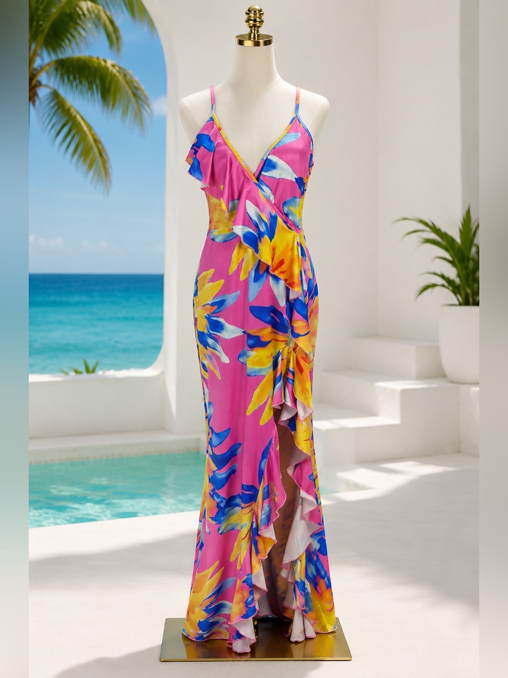 Tropical Floral Bodycon Maxi Dress 1X Pink Cruise Caribbean Night Resort Glam